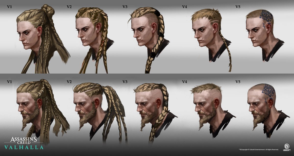 So these were finalists, but it had changed also during the production. As you can see, none of them are the main Eivor hair. 3d artist also designs sometimes. Ian Ladouceur came up with the current hair design later.(link of his artstation:  http://www.artstation.com/tnderness  )
