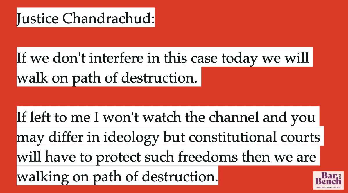 Chandrachud: If we don't interfere in this case today we will walk on path of destructionIf left to me I won't watch the channel and you may differ in ideology but constitutional courts will have to protect such freedoms then we are walking on path of destruction.  #ArnabGoswami
