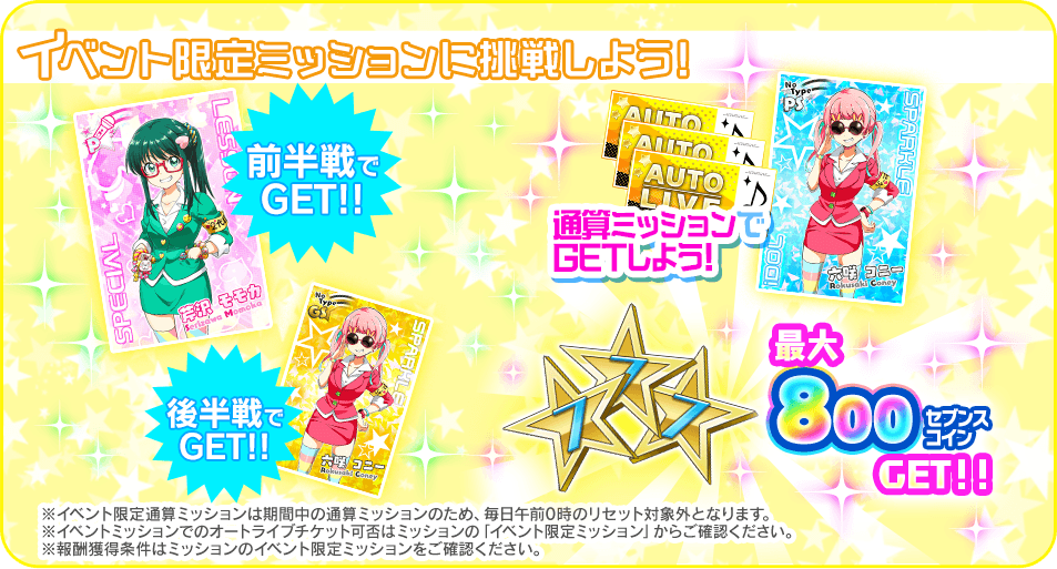 Tokyo 7th シスターズ 公式 イベントの報酬をご紹介 目玉報酬は Prizm Rizm ジャケットイラストのwitch Number 4メンバー全員の復刻gカード さらにイベントpt達成報酬とイベント限定ミッション合わせて 最大セブンスコイン 1 800もgetできます