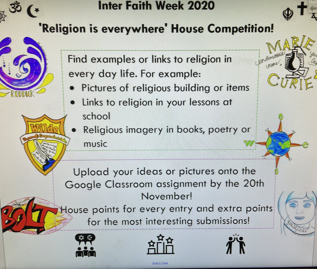 MaidenErleghRP's tweet photo. To celebrate Inter Faith Week, we have launched our ‘Religion is everywhere’ House Competition. Any links to religion in literature, art, music you listen to, buildings, TV programmes etc, send us examples on your google classrooms page for House points! #interfaithweek2020 https://t.co/ZqpRLw3nKF
