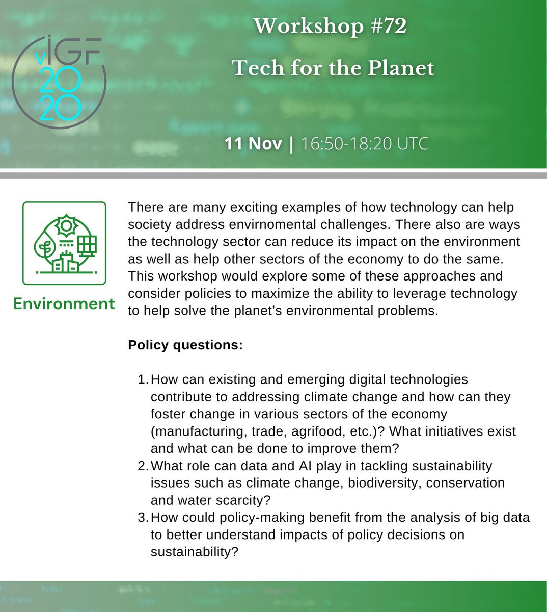 igf_environment's tweet photo. Starting at 16:50 UTC in the #IGF2020 #environment track: Workshop #72, Tech for the Planet

Session details: https://t.co/2iIo3ecxmV

YouTube livestream of this session available from https://t.co/bixsdac3Gx https://t.co/LVBtn4IRbE