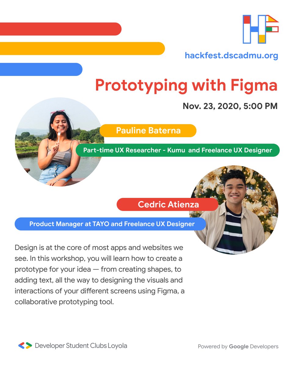 GDSCLoyola's tweet photo. Hello, world!
HackFest has prepared 8 workshops to get you ready for the main event! Here are the first FOUR that will touch on topics such as product pitching, prototyping, and UI management.
Register and learn more at https://t.co/ml2dS7g4zv!
#DSCLoyola
#HackItWithDSCL https://t.co/NxqesI1E2e