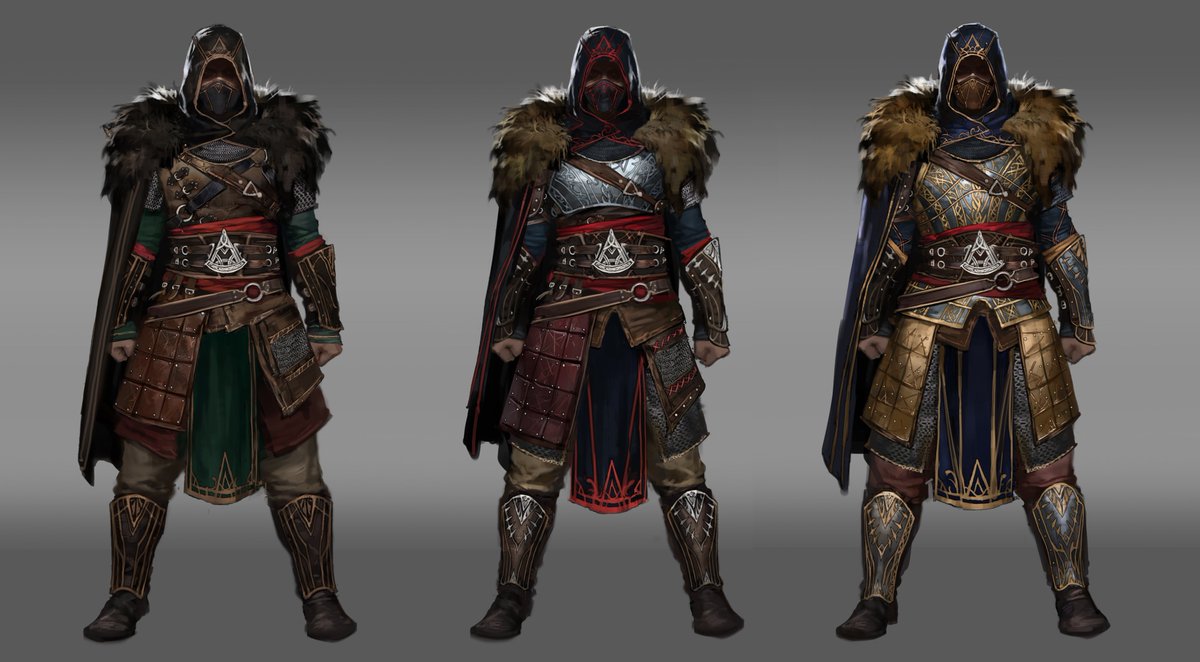 and sure, Designing outfit is a big part of the job for a Character concept artist. There were big categories for the outfit.. such as .. hunter, warrior, viking, assassins.. these are assassin theme outfit. you can wear a mask instead of helmet.