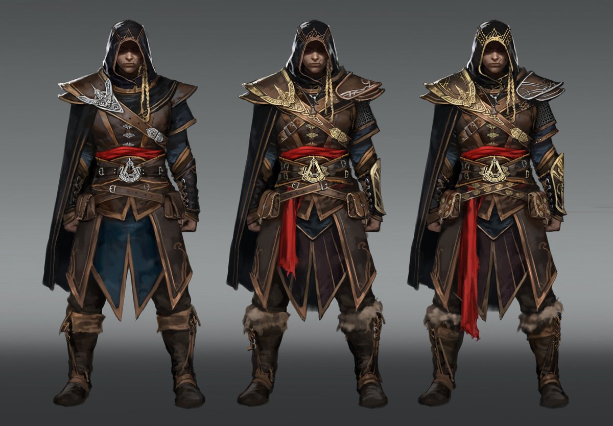 and sure, Designing outfit is a big part of the job for a Character concept artist. There were big categories for the outfit.. such as .. hunter, warrior, viking, assassins.. these are assassin theme outfit. you can wear a mask instead of helmet.