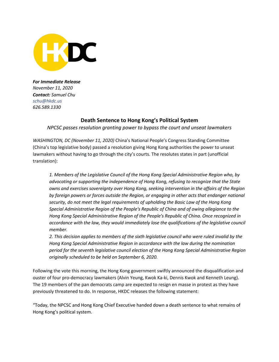 hkdc_us's tweet photo. NOW: Today, the #NPCSC and HKSAR Chief Executive handed down a death sentence to Hong Kong’s #LegCo and political system.

By banning legal legislative tactics like filibuster and quorum calls, CCP strips away the very last shred of the legitimacy of Hong Kong’s political system. https://t.co/v3yJMbAvrg