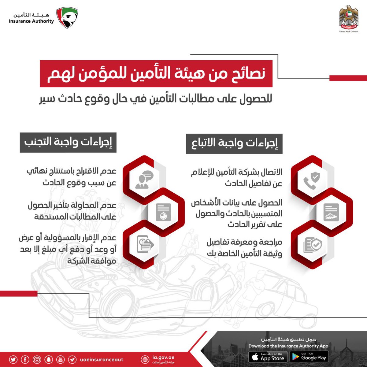 UAE_BARQ's tweet photo. نصائح من #هيئة_التأمين للمُؤمَّن لهم للحصول على مطالبات التأمين عند وقوع حادث سير.
#اعرف_حقوقك_التأمينية
Advice from the #Insurance_Authority for the insured to obtain insurance claims in the event of a traffic accident.
#Know_your_Insurance_rights
@uaeinsuranceaut https://t.co/RIo6M4b30m