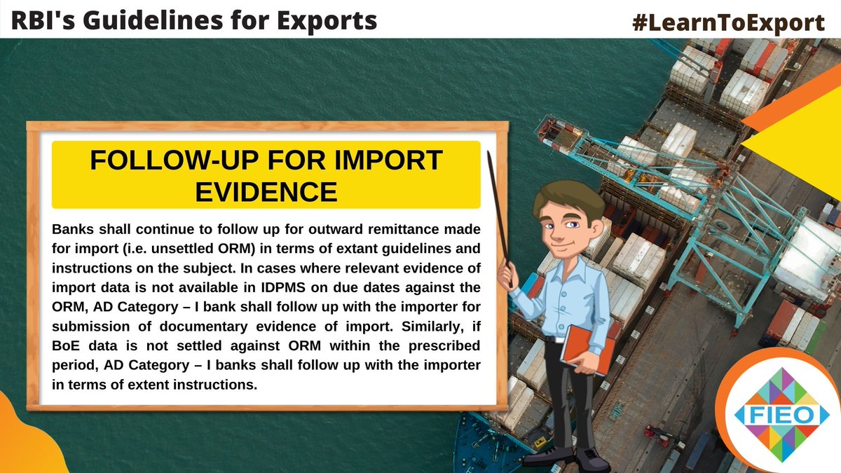 FieoHq's tweet photo. What are the RBI's Guidelines for Follow-up for Import Evidence?

#LearnToExport #ExportLiteracy #RBI #Finance #Exports #BillOfEntry #Bills #Imports #Bank #Payments #goods #services https://t.co/CQiz1YE1aQ