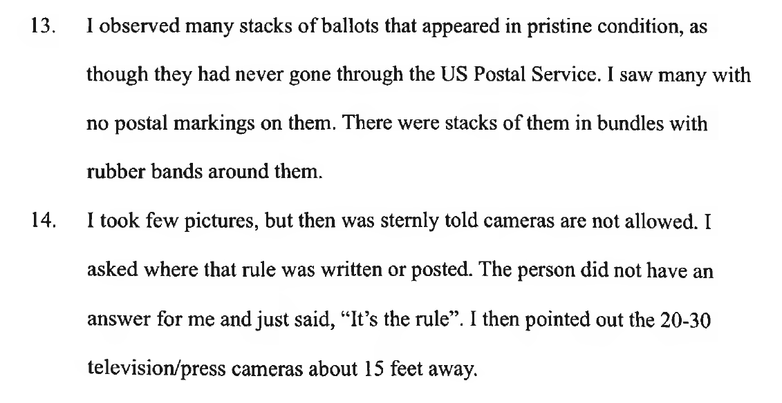 "Many stacks of ballots that appeared to be in pristine condition, as though they had never gone through the U.S. Postal Service." But that's all we find out.