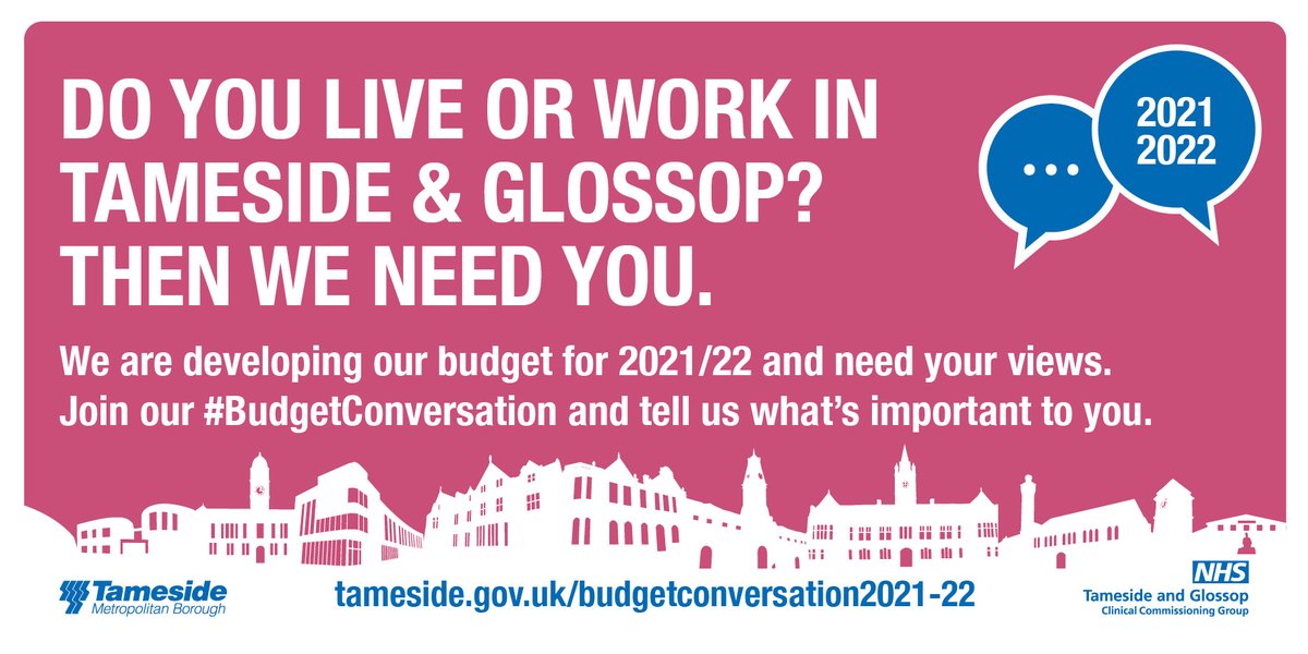 TamesideCouncil's tweet photo. 🗨️ Want to have your say on how we should set our budget for 2021/22?
Join one of three virtual engagement sessions and tell us your thoughts and priorities.
Sign up for a session here: https://t.co/JCESQ82nW5
#BudgetConversation https://t.co/78VOD1Kf5o