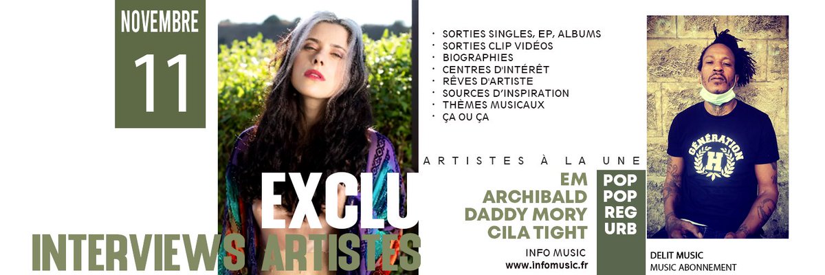 Retrouvez les interviews d'artistes de la semaine !
EM, ARCHIBALD, DADDY MORY, CILA TIGHT
En partenariat avec Info Music, Delit Radio, Delit Music, Delit Face, Music Abonnement, Pump Ip Up Magazine.
#EM #DaddyMory #cilatight #Archibald
delitmusic.fr