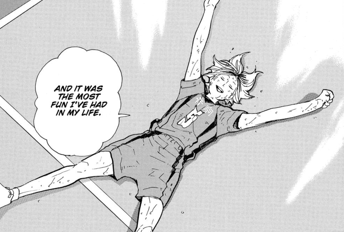 first of all, so many small arcs concluded, loose ends tied, worries resolved. starting with kenma genuinely having fun while playing, much like hinata promised him (#34), which is a huge part of what the story has been riding on until now, and it is simply so satisfying to see