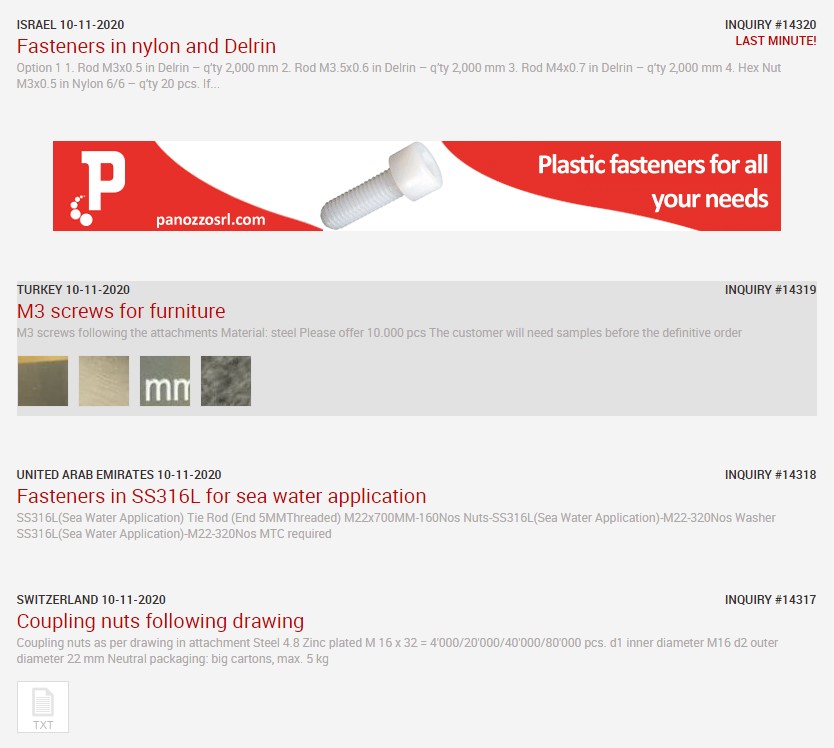 Fastenit's tweet image. Don't miss the last inquiries for fasteners!

🔗fasten.it/en/eprocurement 

#fasteners #fixingelements #botsandnuts #fastenerinquiries #fastenersuppliers