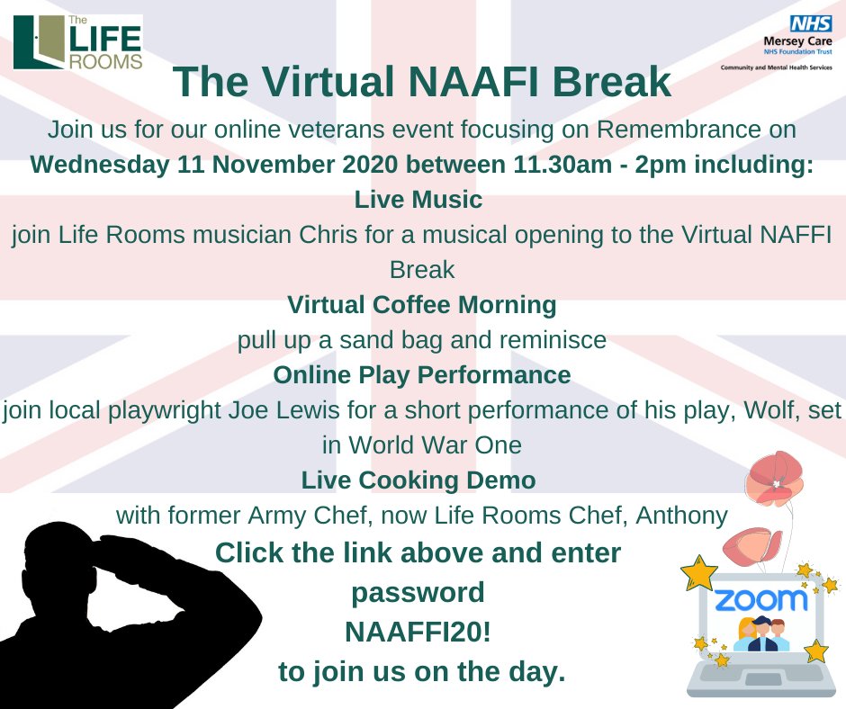 MrBell1985's tweet photo. Today at 11.30 - @LifeRooms_MC Virtual NAAFI Break - an event to commemorate Remembrance Day - will include chat, live music, a theatre piece &amp; a cookery demonstration! To join us the link is https://t.co/AuxafNjCk0 Password: NAAFFI20! https://t.co/13dB9jKDIu