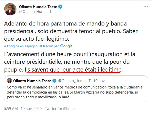 Les leaders politiques qui ont dénoncé le coup d’État :-  @Ollanta_HumalaT, ancien président du Pérou-  @julioguzmanperu du parti centriste  @PartidoMorado -  @George_Forsyth du parti évangéliste  @RNAREQUIPA -  @Vero_Mendoza_F de la coalition de gauche  @JuntosporPeru