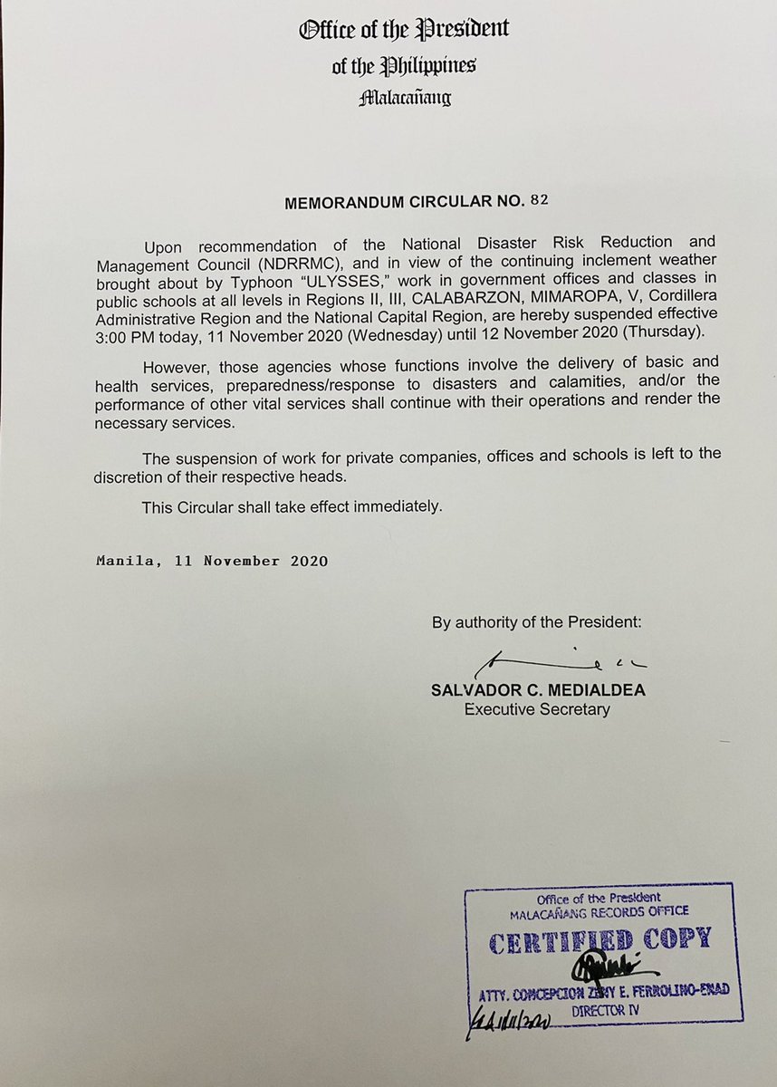 RWconnects's tweet photo. BREAKING: Malacañang has suspended gov’t work and public school classes in all levels in Metro Manila and several other regions starting 3 pm today UNTIL TOMORROW, NOVEMBER 12, due to continuing inclement weather brought about by Typhoon Ulysses.

#BeyondConnections #WalangPasok https://t.co/dzZj0txm2g