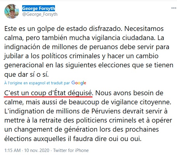 Les leaders politiques qui ont dénoncé le coup d’État :-  @Ollanta_HumalaT, ancien président du Pérou-  @julioguzmanperu du parti centriste  @PartidoMorado -  @George_Forsyth du parti évangéliste  @RNAREQUIPA -  @Vero_Mendoza_F de la coalition de gauche  @JuntosporPeru