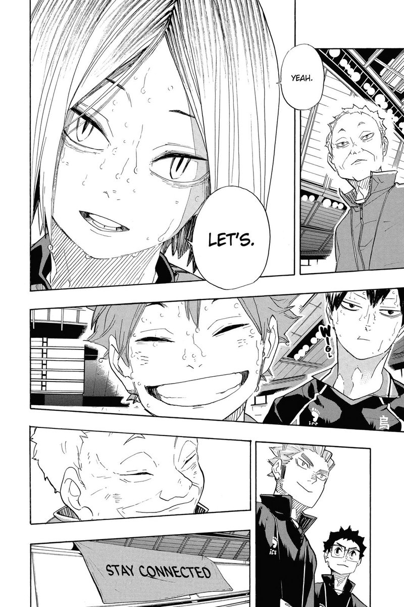 and with all that furudate somehow manages to make literally the strongest in-between-teams bonds in haikyuu even /stronger/, because with the game ending like this, the “let’s do it again” carries so much more power and meaning that even kageyama speaks out before hinata