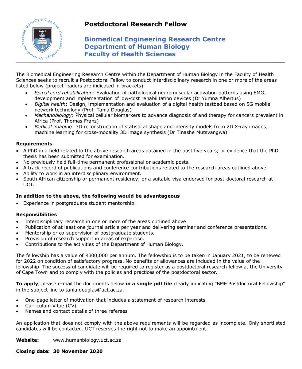 tania_douglas's tweet photo. Postdoctoral fellowship in biomedical engineering at UCT, apply by 30 November 2020 @uctbme https://t.co/4iTRkmLvnu