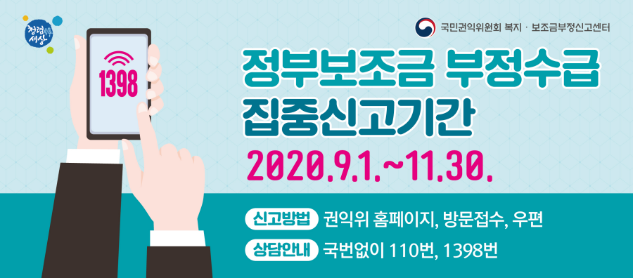 bipfkr's tweet photo. 2020년 정부보조금 부정수급 집중신고기간 안내
-기    간 :　2020. 9. 1. ~ 11. 30. (3개월)
-신고대상 :　5대 중점분야 정부 보조금 부정수급 관련 부패행위
https://t.co/lKhD59gmSM https://t.co/R4WsX7dFEo