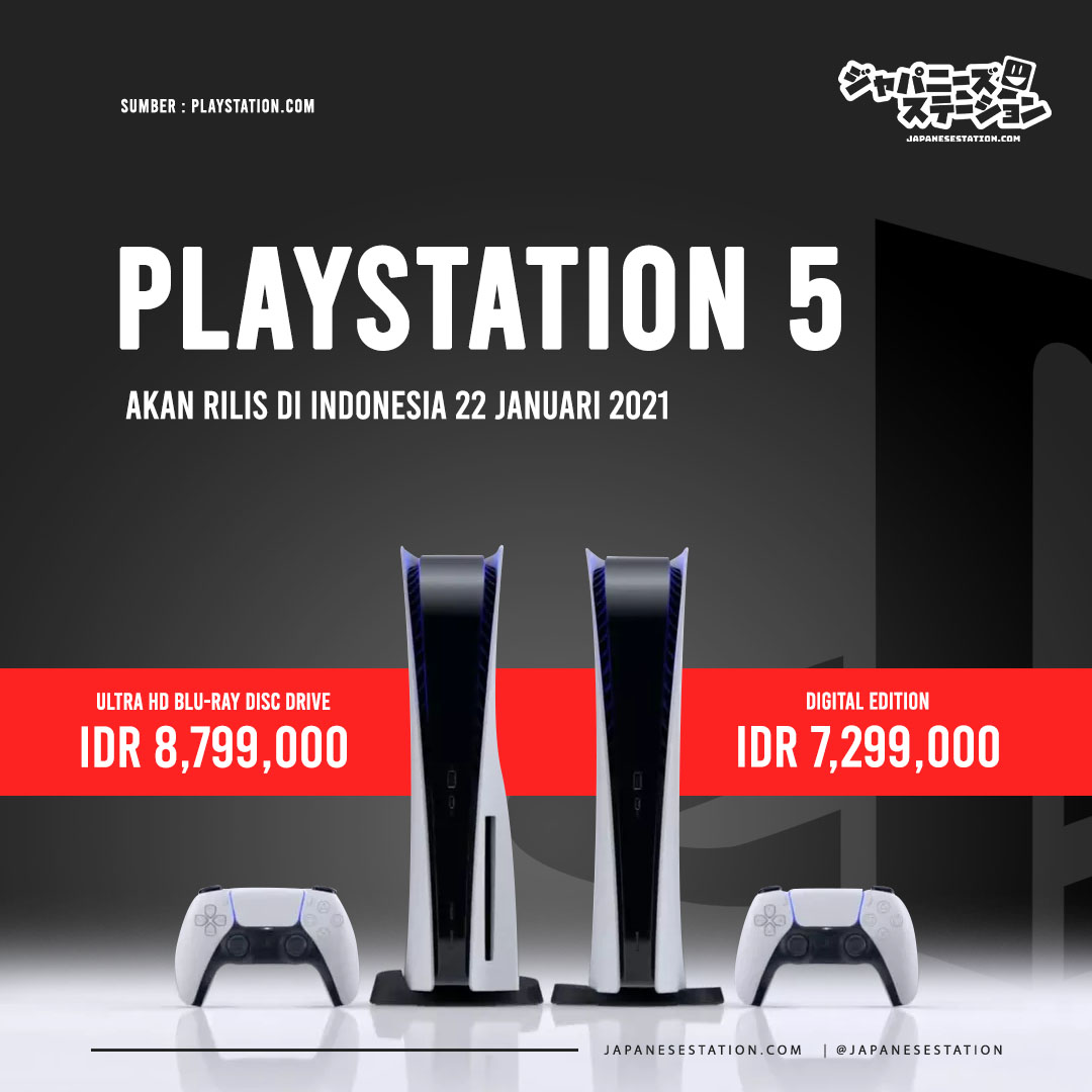 JapaneseStation's tweet photo. Pihak Sony hari ini mengumumkan bahwa PlayStation5 (PS5) akan diluncurkan di Indonesia pada 22 Januari 2021. 

Pre-order akan tersedia mulai 18 Desember 2020. Nah bagaimana teman-teman, kira-kira game apa ya yang sudah kalian tidak sabar mainkan di PS5? 😄

#playstation5 
#ps5 https://t.co/h6zwQ8P33a