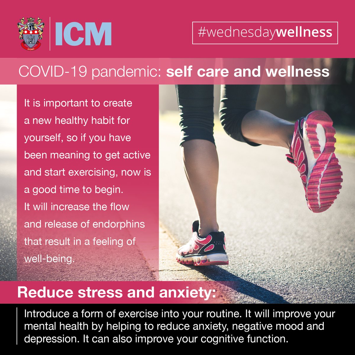 InstituteCM's tweet photo. #wednesdaywellness
COVID-19 has caused stressful changes in our lives, resulting in many challenges we've not previously encountered.
Self care & maintaining your wellness are of paramount importance.
#wellness #mentalhealth #startexercising #getactive #keepcalm #keepsafe #ICM https://t.co/qCmmKR4Pen
