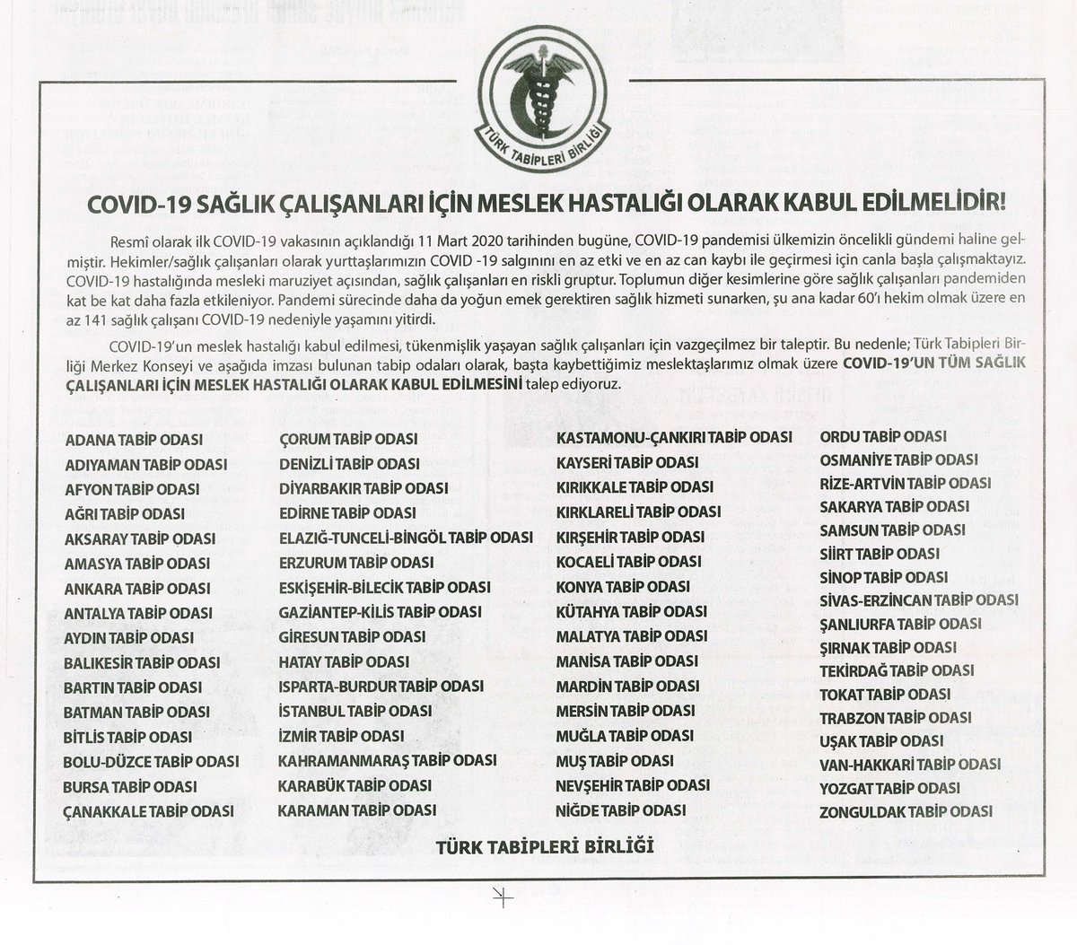 ttborgtr's tweet photo. Türk Tabipleri Birliği Merkez Konseyi  ve Tüm Tabip Odalarının ortak imzası ile yayınlanan gazete ilanı:”COVID-19 SAĞLIK ÇALIŞANLARI İÇİN MESLEK HASTALIĞI OLARAK KABUL EDİLMELİDİR!” https://t.co/rXRAY08KBj