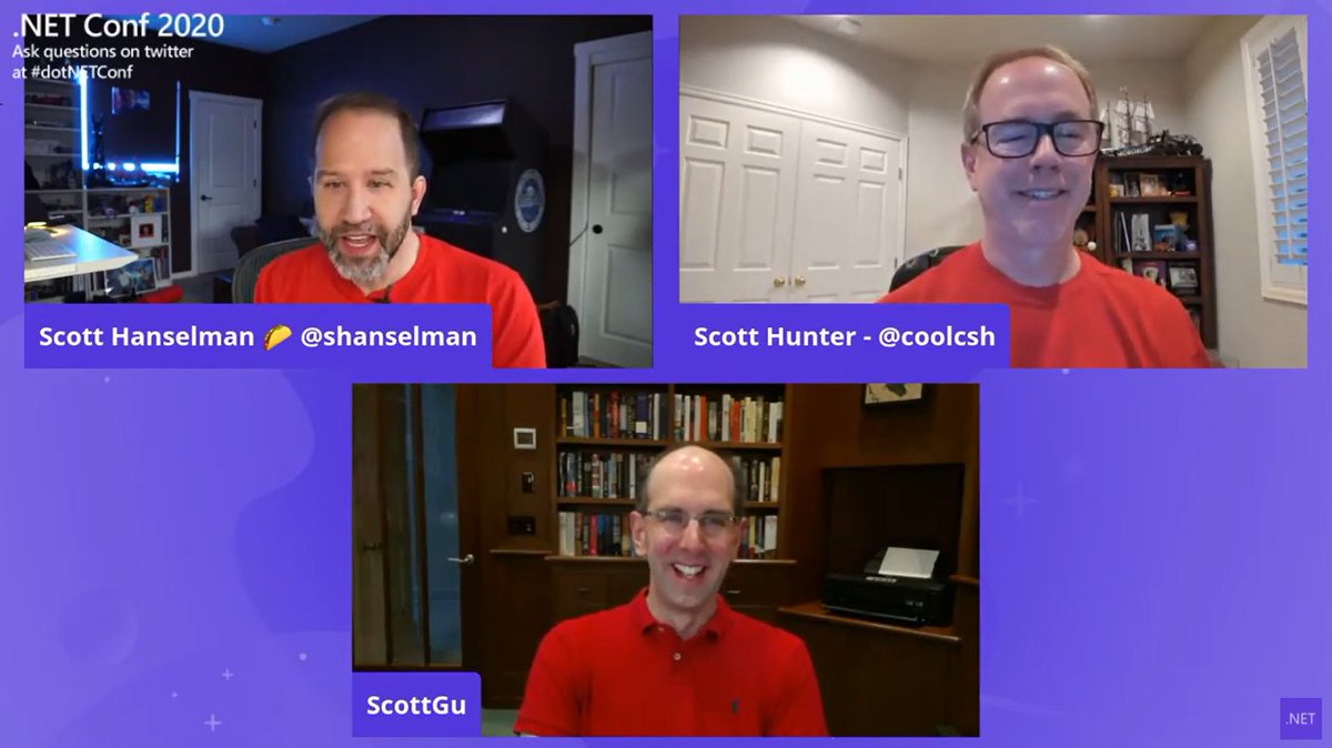 Where did you get these red shirts from? :) <a href="/coolcsh/">Scott Hunter</a> <a href="/shanselman/">Scott Hanselman 🌮</a> <a href="/scottgu/">Scott Guthrie</a>. <a href="/dotnet/">.NET</a>  
Visit .NET Conf 2020 youtube.com/watch?v=mS6ykj…