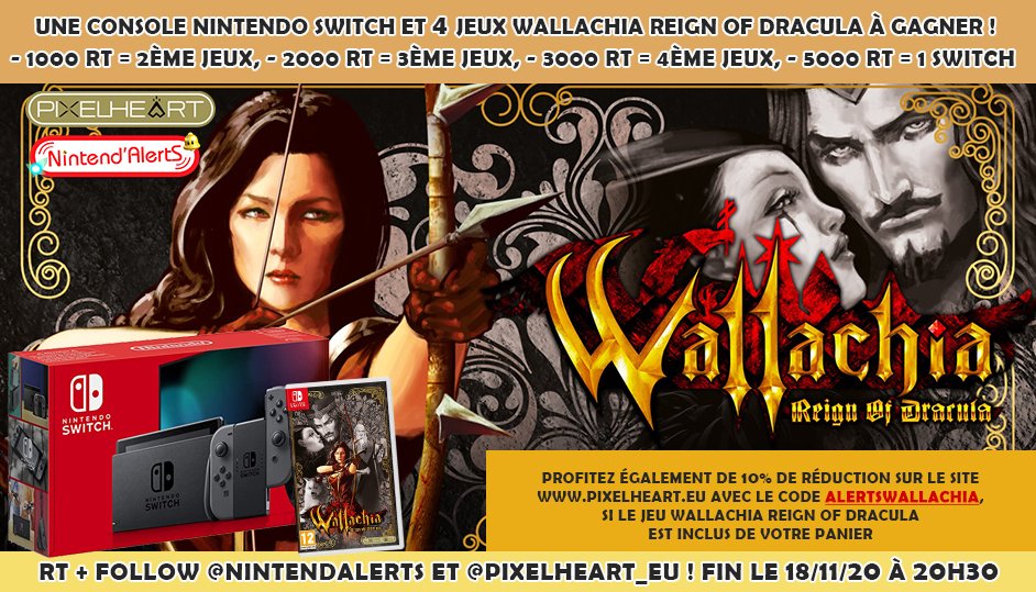 AlertEtGo's tweet photo. Concours🎁: Une console Nintendo Switch et 4 jeux Wallachia à gagner (voir image).
Pour participer Follow @nintendalerts+@PixelHeart_eu, RT ce tweet et tague un ami. Fin le 18/11.
Plus d'infos ici:
► https://t.co/sABwoa1l8l
10% offerts chez PixelHeart: conditions sur notre site. https://t.co/MVAgVPKUKJ