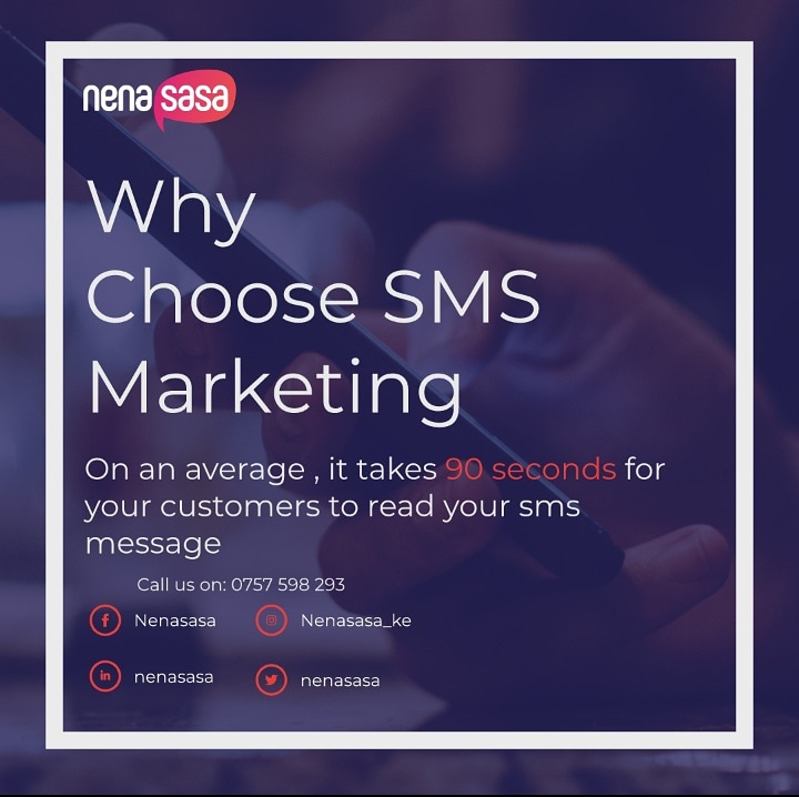 nenasasa_ke's tweet photo. Why choose sms marketing?
On an average , it takes 90 seconds for your customers to read your sms messages
Call us on +254757598293 for more information #bulksms #smsservice #marketingservice #bulksmsmarketing #loyaltypoint #bulksmsmarketing #smsservice #marketingserviceprovider https://t.co/U7EMxXpISA