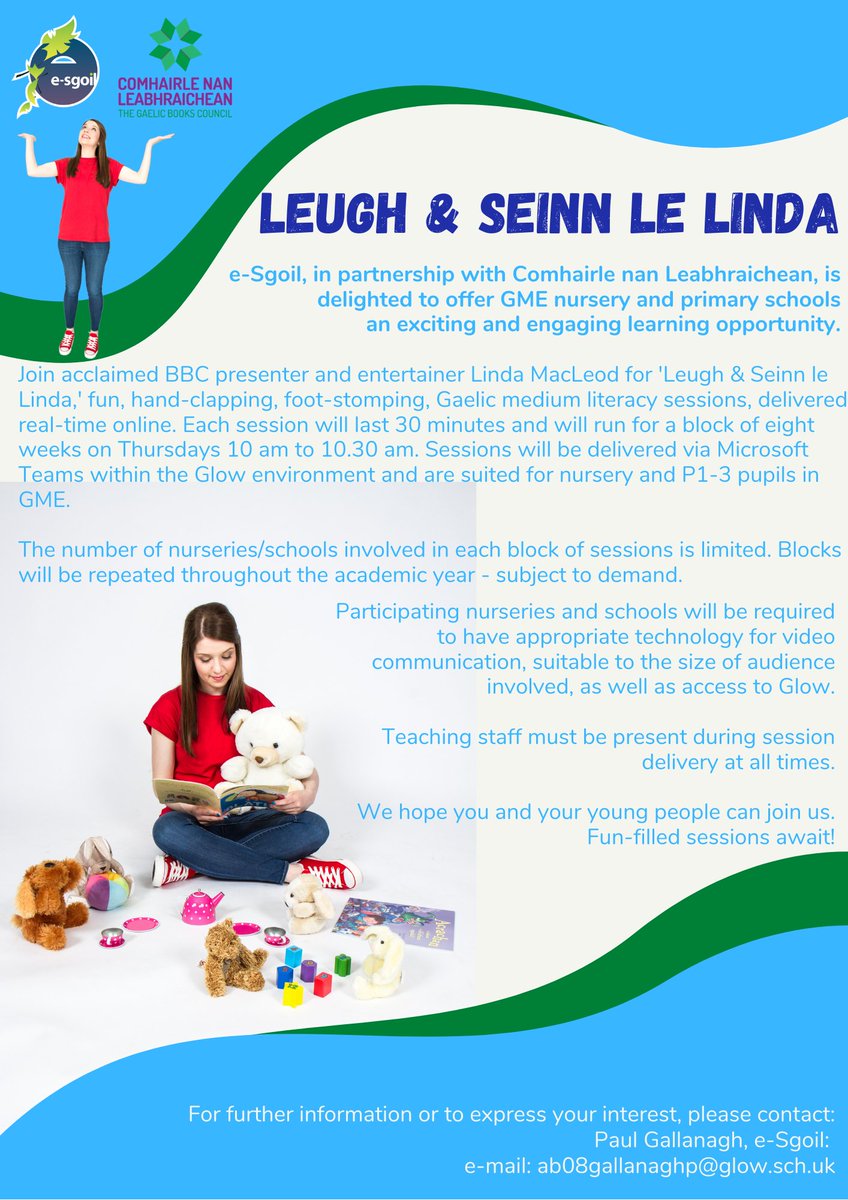 eSgoil's tweet photo. Still time to register for ‘Reading with Linda’ an eight-week block of fun Gaelic sessions for nursery classes. 
Sessions will run each Thursday from 10-10.30 am starting 19 November 2020. 
Register by Friday, 13 November 2020. 
Details below: https://t.co/dk9G40W1MB