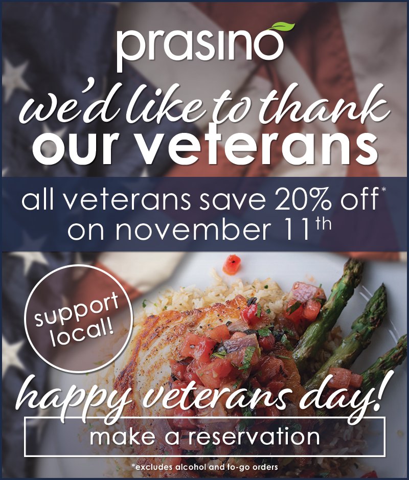 We'd like to invite all of our veterans to join us for a special offer on Veteran's Day for 20% off your food! Make a reservation or stop on by! #VeteransDay #HonorOurHeroes #SupportLocal