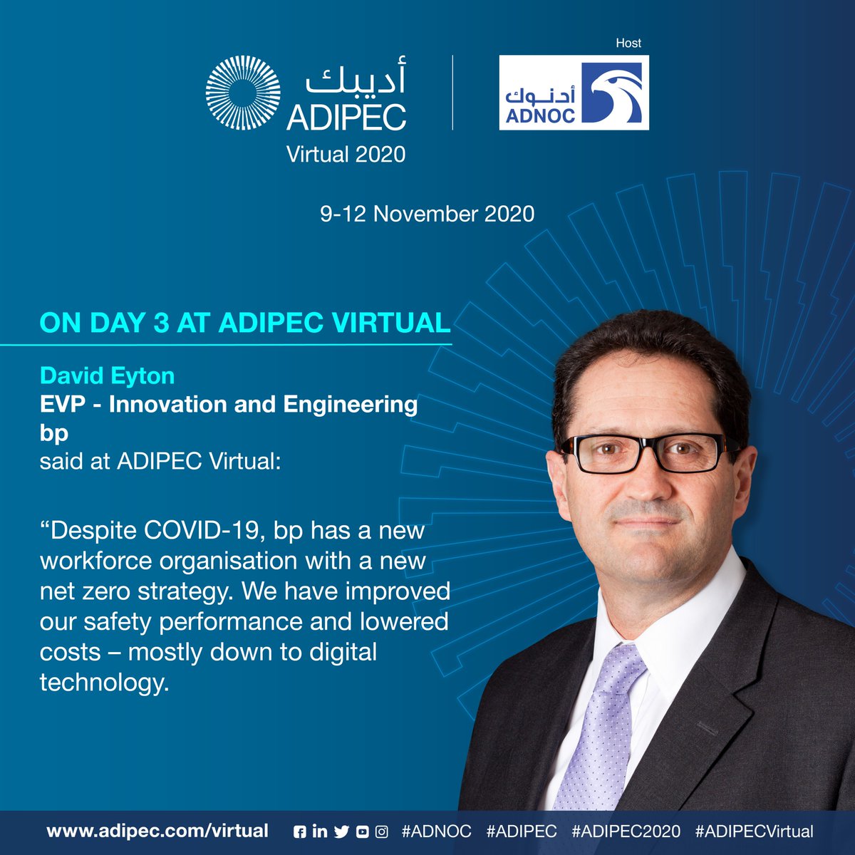 ADIPECOfficial's tweet photo. At the ADIPEC Virtual 2020 Strategic Conference today, David Eyton, EVP - Innovation and Engineering, bp shared his thoughts
You can still register to attend ADIPEC 2020 Virtual on https://t.co/9Ze1mb4nwR
#ADIPEC2020 #ADIPECVirtual
#ADIPECVirtualStrategicConference
#bp https://t.co/kaR6p0oSc7