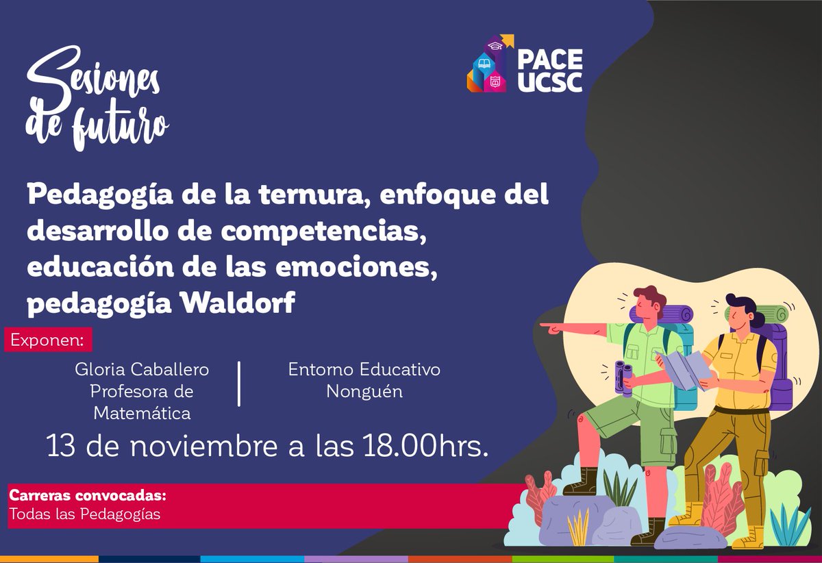 paceucsc's tweet photo. Si estudias una pedagogía en la UCSC o eres parte de nuestra red de establecimientos, te invitamos a participar del conversatorio “Pedagogía de la ternura, enfoque del desarrollo de competencias, educación de las emociones, pedagogía Waldorf”.
#paceucsc #UCSC #SerUCSC https://t.co/c16uy4G7yo