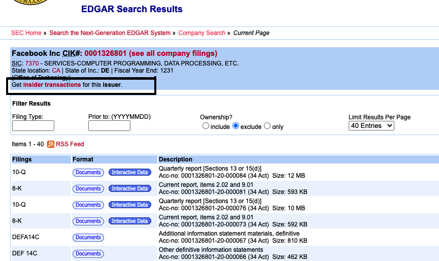 1/ How to find insider ownership (thread)Go to the SEC EDGAR database  https://sec.gov/edgar/searchedgar/companysearch.htmlEnter the stock symbol in "fast search" Let's use Mark Zuckerberg from  $FB as an exampleClick "Insider transactions for this issuer" (see image)
