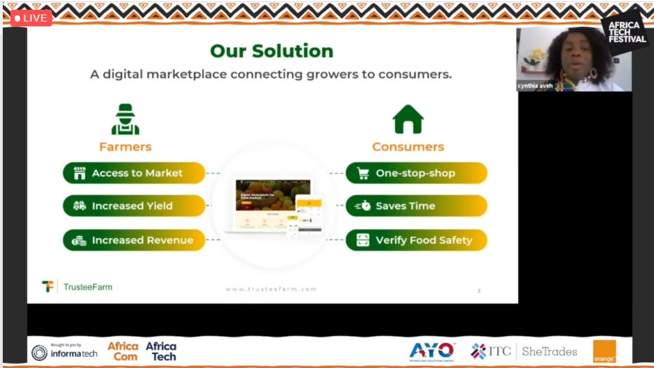 edisonyzy's tweet photo. ITC #SheTrades @africatechfest:

Ghanaian #AgriTech firm, @Trusteefarm1, uses #ArtificialIntelligence and #IoT to connect producers to consumers. 

Through its digital marketplace and model, Trusteefarm provides reliable access to market for #farmers and safe produce to consumers https://t.co/SiOaltJ4Bh