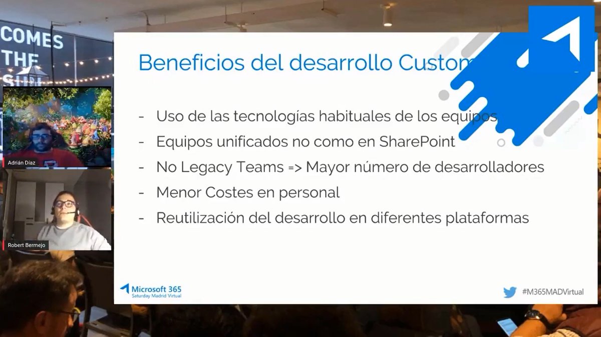 Sertxito's tweet photo. Seguimos para línea en el #M365MADVirtual con los #Pitufos @robertbemejo y @AdrianDiaz81 con una maravillosa charla de #SPFx, #PowerPlatform, #Bots, #CustomDeveloper y como extender #Teams. https://t.co/7Xp3OqVM5J
