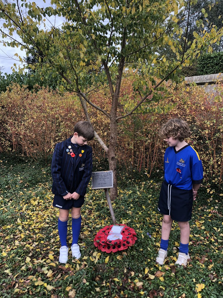 Hampton_Prep's tweet photo. Head Boy Archie and Deputy Head Boy Alfie laid a wreath at the base of our Tree of Remembrance at the Prep today, in a scaled back ceremony, in line with the national commemoration of all those who gave their lives for the sake of our much loved liberty. #lestweforget https://t.co/OfqyzLXjZG