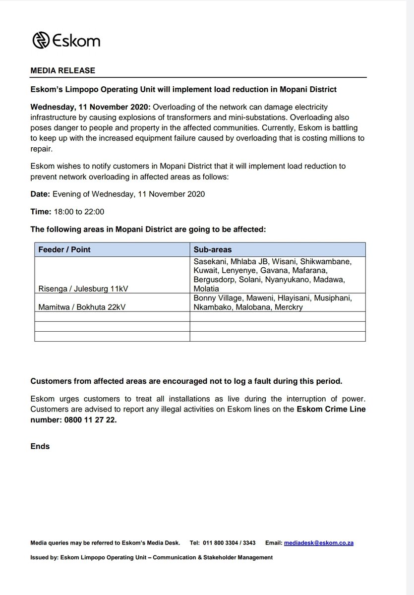 Eskom Hld Soc Ltd On Twitter Eskom Load Reduction Notice Date 11 November 2020 Eskomfreestate Eskomgauteng Eskomkzn Eskomlimpopo Please See Below Provincial Statements For Details And Areas That Will Be Affected Today