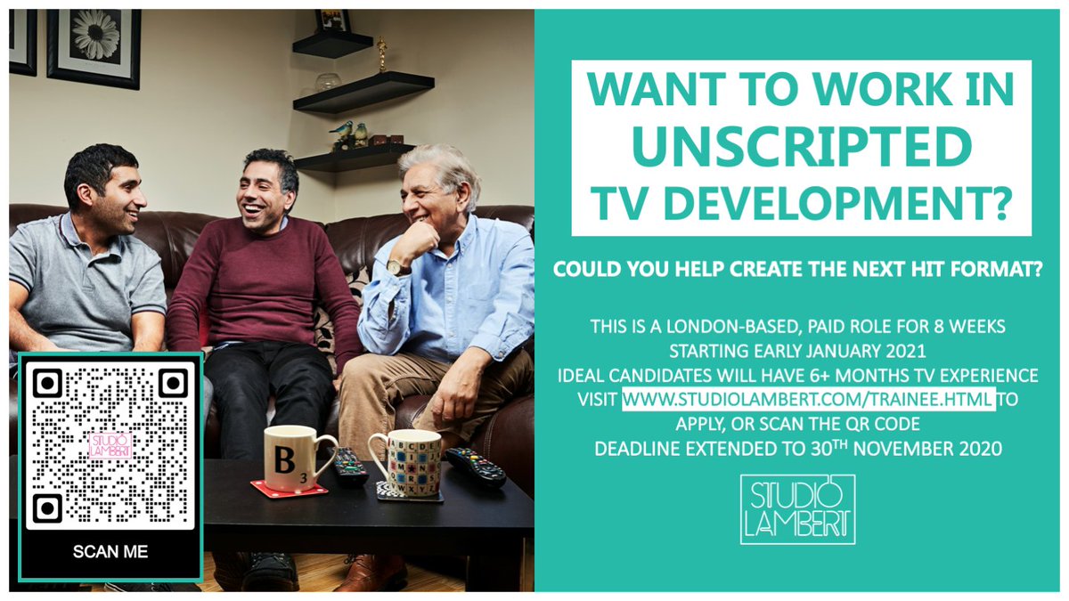 studiolambert's tweet photo. Do you love TV? Could you help create the next #Gogglebox or #TheCircle?
 
We’re seeking bright, brilliant and ambitious people to apply for our exciting Unscripted Development Trainee Programme.
 
Apply now - https://t.co/CVRHaVRN2a   
 
Deadline closes – 30th November 2020 https://t.co/Y0Eg3g6bO5