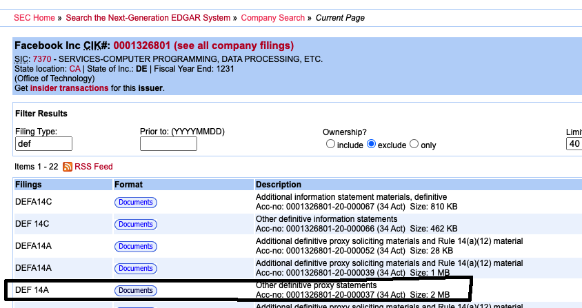 8/ Another method is to use the proxy statementGo to the SEC EDGAR databaseClick on the company nameSearch for "DEF 14A"Click "documents" under the "format" tab