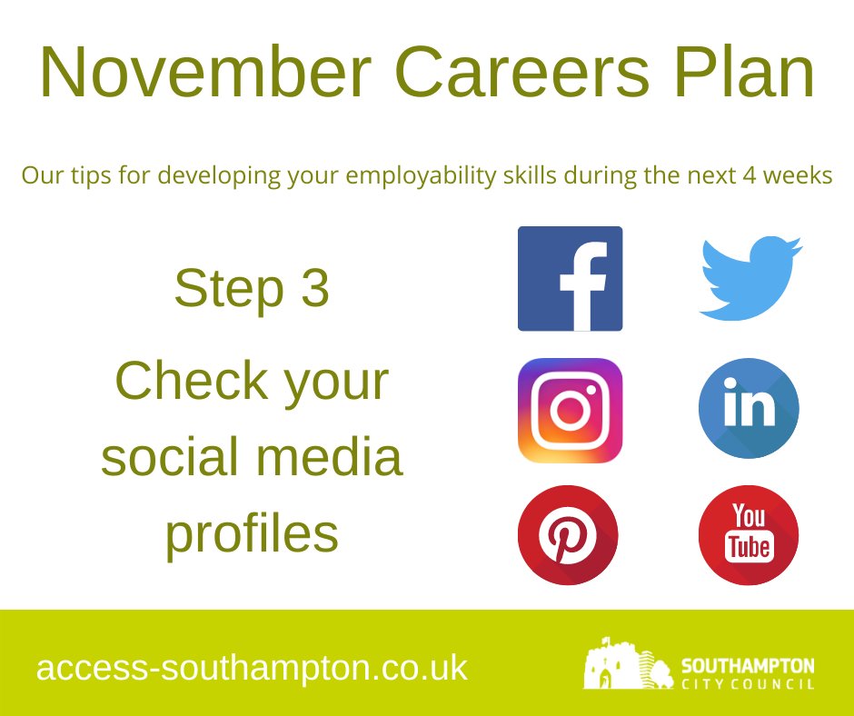 November Careers Plan Step 3: Check your social media profilesCreating a  @LinkedInUK profile:  https://nationalcareers.service.gov.uk/careers-advice/create-a-linkedin-profile/Don't let social media sabotage your job search ( @GlassdoorUK):  https://www.glassdoor.co.uk/blog/social-media-sabotage-job-search/Social Media and Job Searching ( @Prospects):  https://www.prospects.ac.uk/careers-advice/getting-a-job/social-media-and-job-hunting