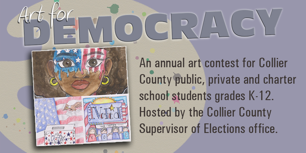CollierVotes's tweet photo. Calling all student artists! The deadline for entries in the Art for Democracy art contest is tomorrow, Nov. 12!
Learn more about this amazing program on our website: https://t.co/wou4RQH2jX
#SWFL #CCPSSuccess #CCPSProud #SWFLArt
@collierschools @Champs4Learning @CFCollierFL https://t.co/Q8Tj6zr2UA