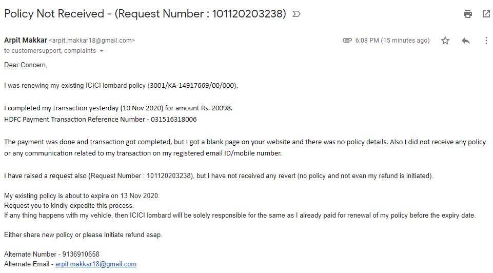 ArpitMakkar3's tweet photo. @ICICILombard @KiaMotorsIN More than 20hours passed. Payment done on icici web portal for my car insurance renewal,Still not received insurance policy and no satisfactory reply from customer support. Who will be responsible if something happens to my vehicle or me?@nitin_gadkari https://t.co/BYqZ3zwuyo