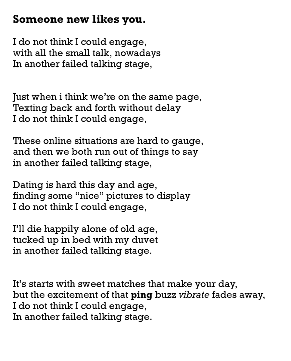 LBUSpokenWord's tweet photo. A villanelle on the futility of online dating from last nights workshop written by @tomedwardsims, if you want to join in next week please get in touch. tonight at 7pm we will be workshopping fiction. https://t.co/l0JJ3njnM7
