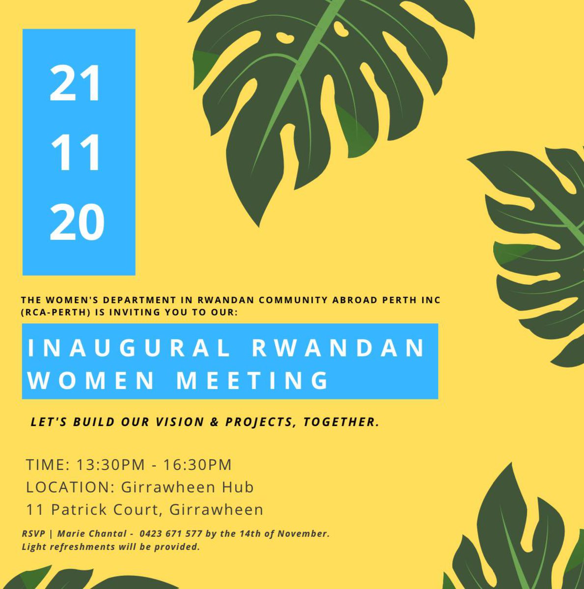RCAPerth's tweet photo. Our Women’s department is inviting all Rwandan Women in Perth to join a vision &amp; project planning meeting on the 21st of November 2020. 🇷🇼 

#RCAPERTH https://t.co/M1epsU0nFR