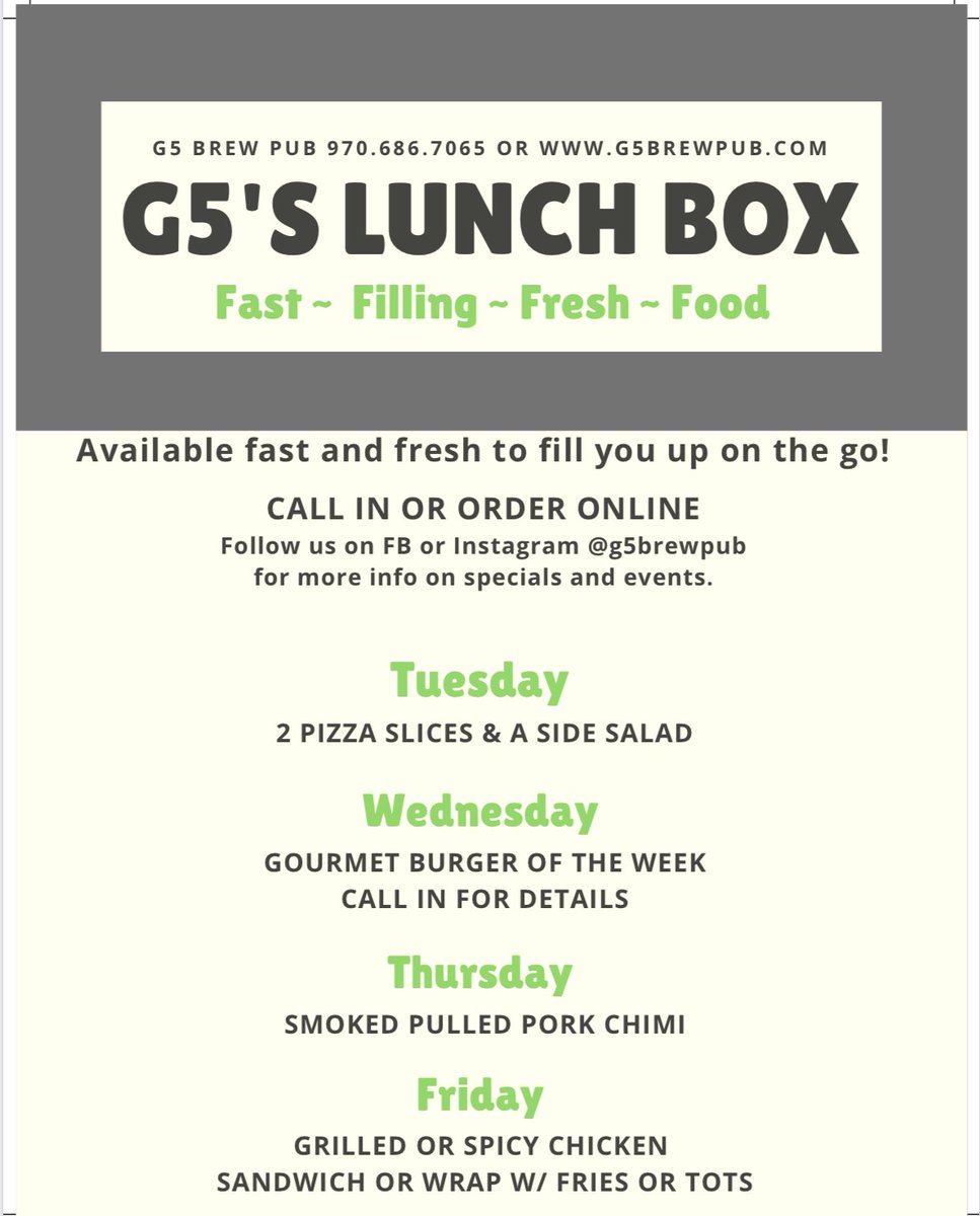 G5BrewPub's tweet photo. G5’s LUNCH BOX IS HERE! If you’re on a quick lunch break or just in a hurry, call in your lunch box special order and enjoy a FAST and FRESH meal that will fill you up on the go! 970/686-7065 https://t.co/PYyvqXgWbh. 

@TownofSeverance  @GoSilverKnights @severancestuco https://t.co/jZoWfbJXuz