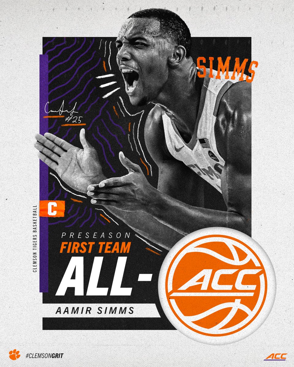 ClemsonMBB's tweet photo. Preseason First Team All-ACC ⭐️
Aamir Simms ✅

READ: https://t.co/qBzVTPIoIA

#ClemsonGRIT https://t.co/alUVPAenTn