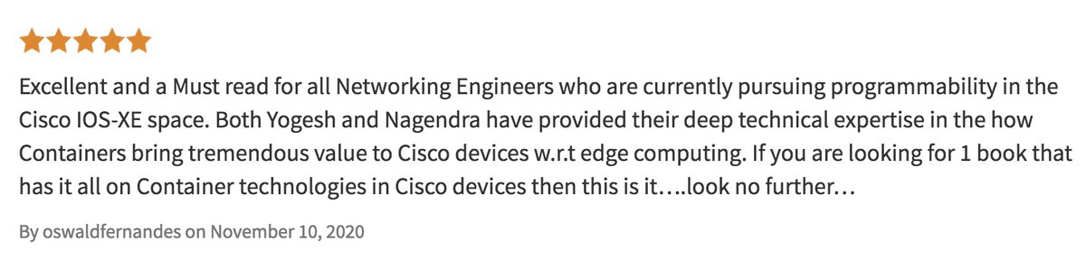 Want to learn how to deploy, activate, operate and orchestrate Containers in Cisco IOS-XE, IOS-XR, and NX-OS? If so, this book should be of your interest. Thank You <a href="/CiscoPress/">ciscopress</a> <a href="/Pearson/">Pearson</a> for the opportunity to author and publish this book. #Cisco #Containers #LXC #Pearson.