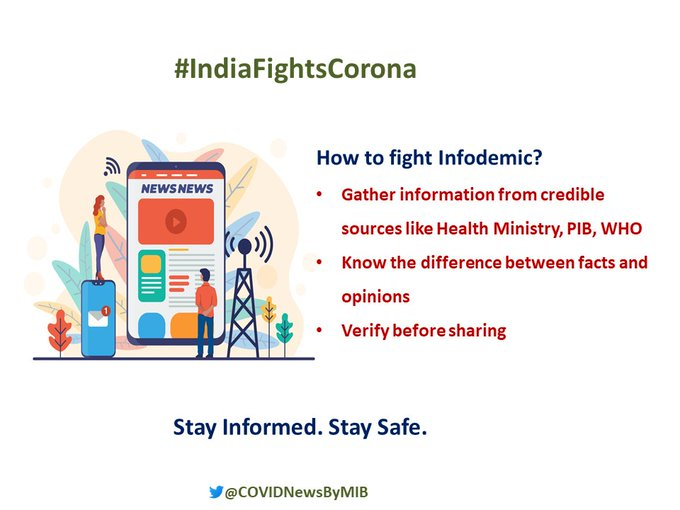 COVIDNewsByMIB's tweet photo. #IndiaFightsCorona:

📍How to fight infodemic ❓❓❓

↗️Gather information from credible sources like 
@MoHFW_INDIA, @PIB_India, @WHO

↗️Know the difference between facts and opinions

↗️Verify before sharing

#StaySafe #Unite2FightCorona https://t.co/2bMne72gQG