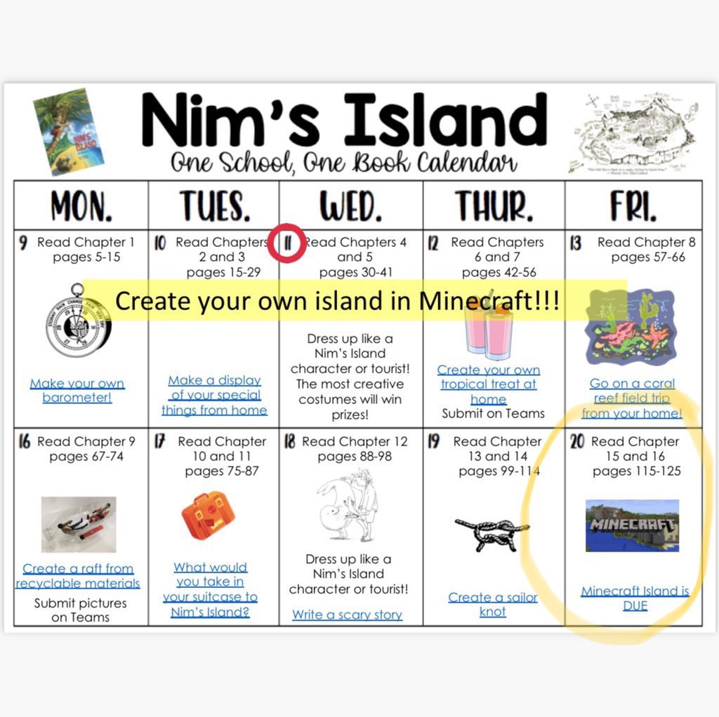 OPS_WilsonFocus's tweet photo. Read Chapters 4 and 5 tonight. Start working on your Minecraft Island if you haven’t already gotten started. Directions are on Teams and on the calendar. Click the hyperlink “Minecraft Island is DUE” to find the directions. #STEMwducation #FOCUSproud https://t.co/MbZdhEeabx